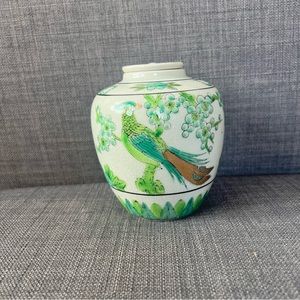 Vintage Otagiri Japan crackle floral and peacock jar with cap lovely des…